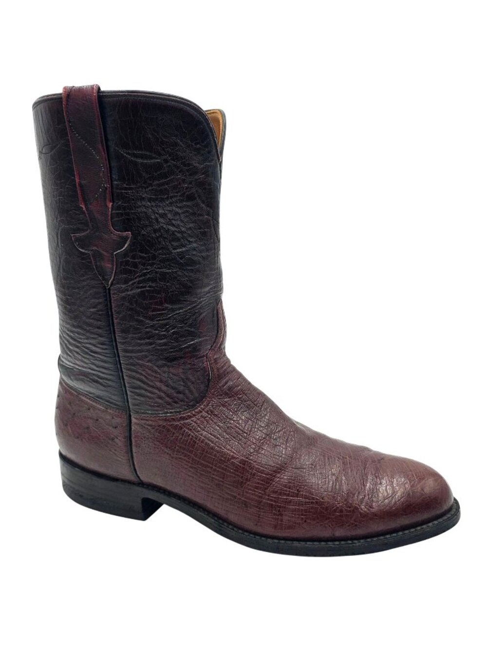 Vintage Lucchese Mens10D Black Cherry Exotic Ostrich Cowboy Western Boots Roper